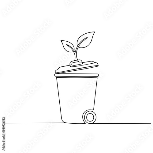 Eco-friendly concept image of a trash can with a plant growing out of it. The artwork symbolizes the growth, recycle, and the environment