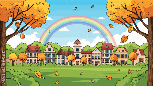Peaceful autumn landscape of a city park with colorful trees, traditional houses, falling leaves, and a bright rainbow in the sky.