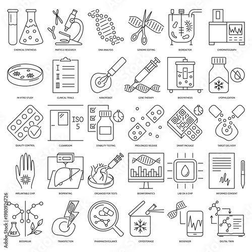 Biotechnology line icon set