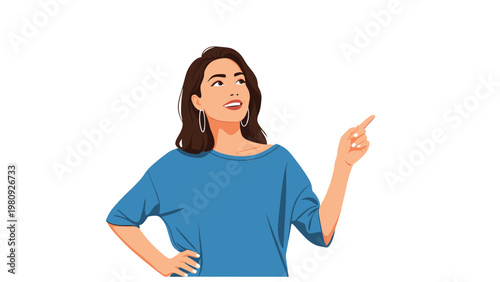 Beautiful young woman in a blue shirt with hoop earrings pointing her finger upwards while looking away with a cheerful smile.