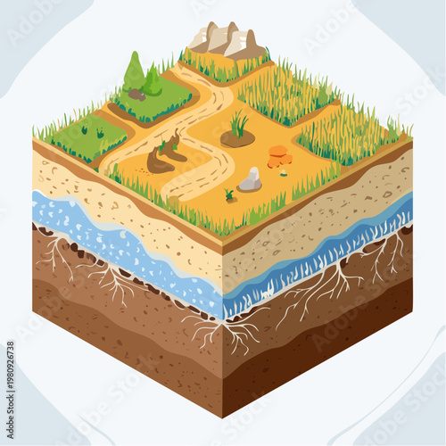 Isometric Cross Section of Earth Ground Layers with Different Plant Root Vector Systems Illustration