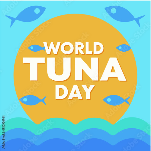 Colorful vector graphic illustration celebrating international world tuna day with blue fish icons