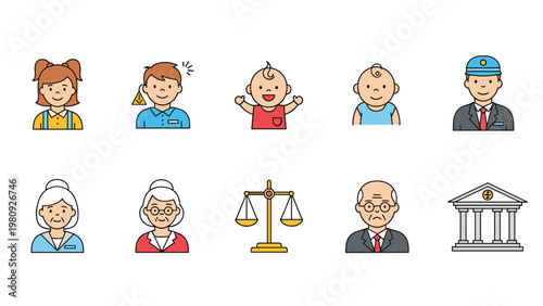 Set of colorful cartoon icons representing various people including children, workers, elderly individuals, a judge, and a bank building.