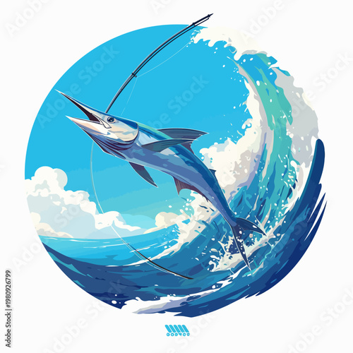 Dynamic vector graphic illustration of a blue marlin jumping from ocean waves while hooked.