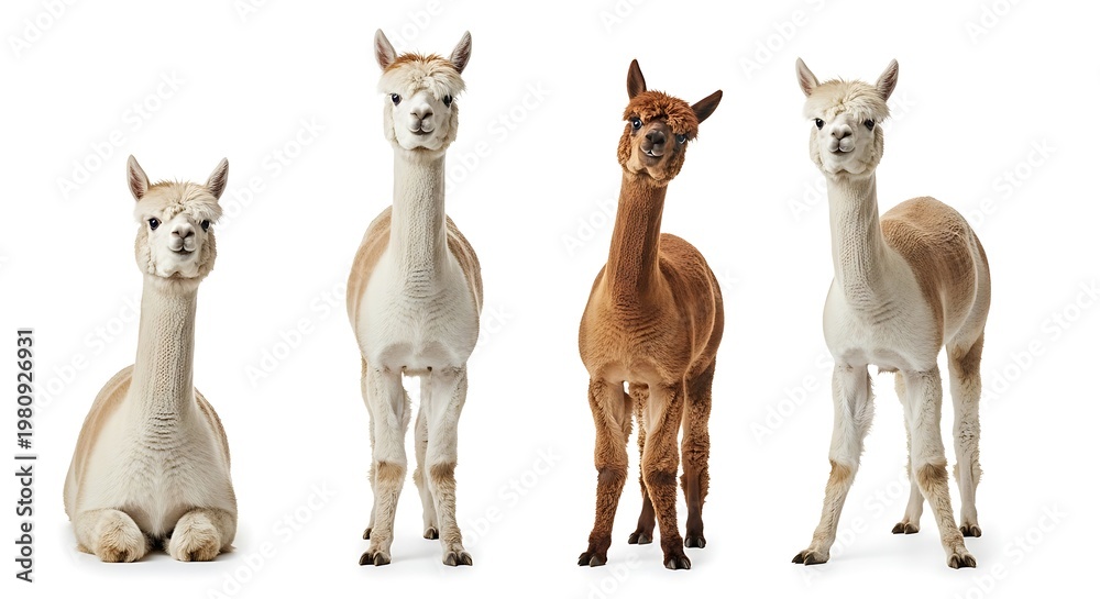 Fototapeta premium Four Llamas Standing Calmly in Row Against White Background