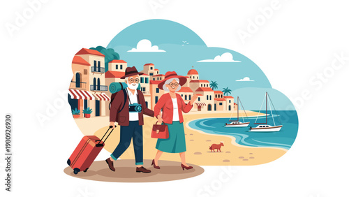 Senior couple with luggage walking along a sunny beach in a Mediterranean coastal town with sailboats and white buildings in the distance.