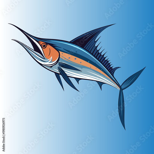 Dynamic vector illustration of a leaping marlin fish with a bold design.