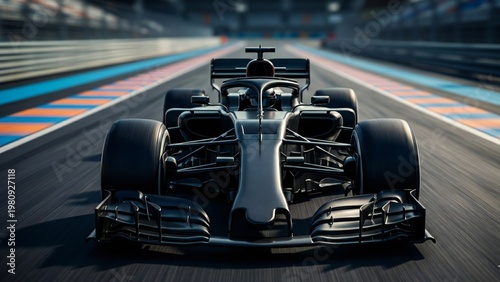 Modern Formula 1 race car speeding on professional circuit track, low angle view with dramatic lighting, motion blur, colorful curbs, high-speed motorsport action, professional racing photography, cin