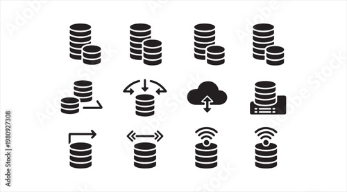 Black cylinder database icons collection representing cloud computing and digital storage systems