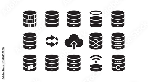 Minimal database and cloud storage icons set with server backup and data transfer symbols