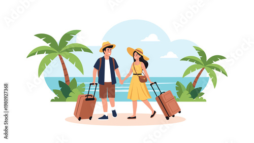 Happy young couple with suitcases walking hand in hand on a tropical beach with palm trees and a clear blue ocean during a vacation trip.