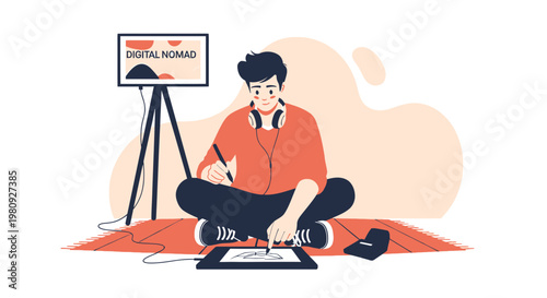 Digital Nomad Drawing on Tablet, Working Remotely with Headphones and Laptop