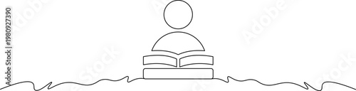 A minimalist line drawing of a person sitting on books in a serene landscape