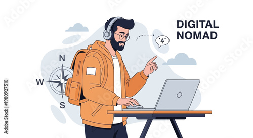 Digital Nomad Working Remotely on Laptop with Compass and Backpack