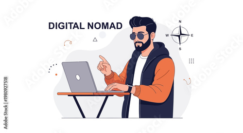 Digital Nomad Working Remotely on Laptop with Compass Icon