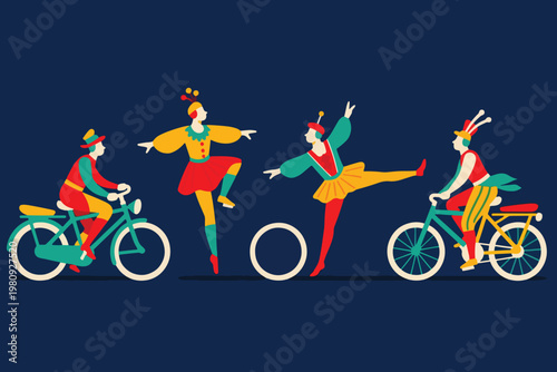 Four colorful circus performers riding bicycles and doing acrobatics on stage with whimsical costumes, vector illustration.