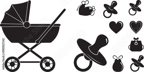 Baby Stroller and Accessories Silhouette Illustration Set for Newborns