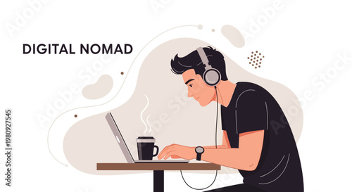 Digital Nomad Working Remotely on Laptop with Headphones and Coffee