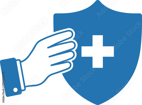 Hand protecting shield with white cross symbol represents healthcare safety security protection insurance and medical defense services.