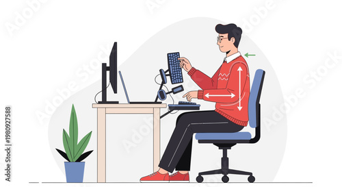 Ergonomic Desk Setup: Man Sitting Correctly at Computer for Good Posture