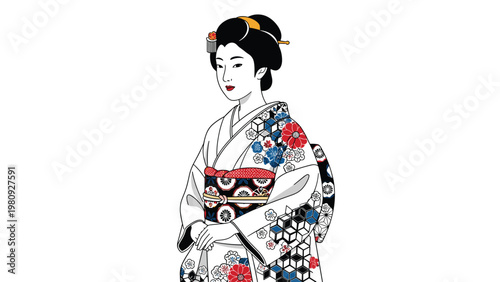 Classic portrait of a Japanese woman in a white and blue floral kimono with a traditional hairstyle against a plain white background.
