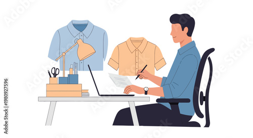 Fashion designer working on laptop, sketching clothes, modern office setup