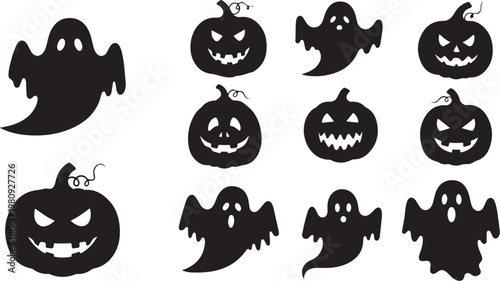 Halloween icons set of black silhouettes on white background