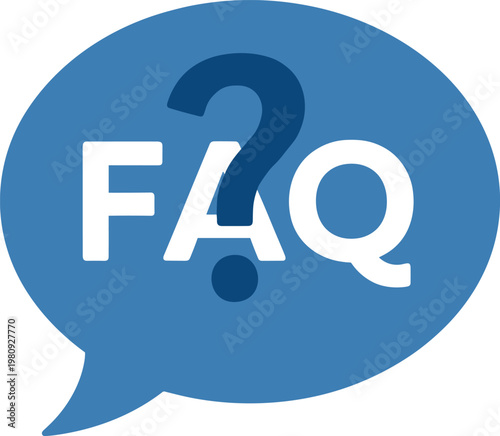 Speech bubble with FAQ text and question mark, representing frequently asked questions and customer information.