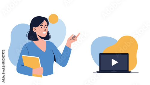 Female teacher in a blue shirt holding a folder and pointing to a laptop screen showing a video player icon for online learning.