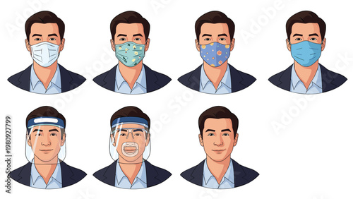 Set of portraits showing a man in a suit with no protection various face masks and a face shield for workplace safety and health.