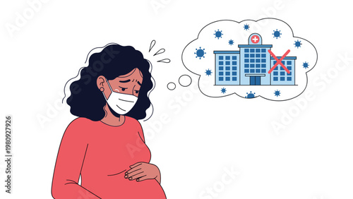 Worried pregnant woman wearing a protective face mask thinking about the risk of virus infection at a hospital.