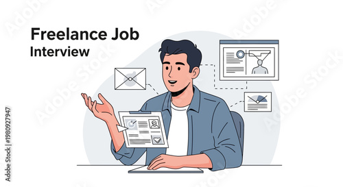 Freelance Job Interview: Man discussing career, online hiring, remote work