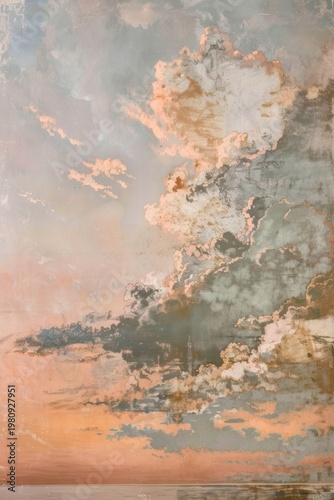 Vintage style cloudscape painting with soft peach and blue tones