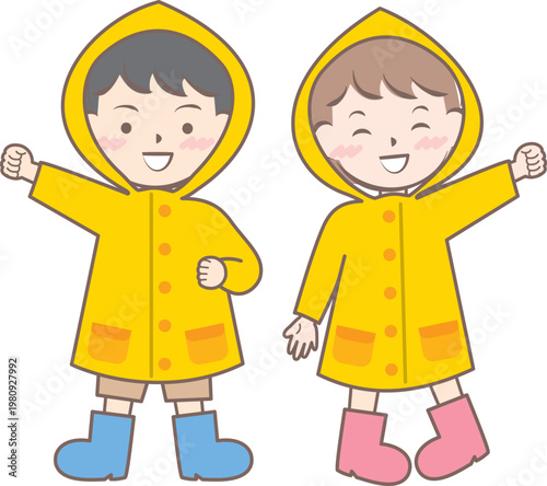 雨の日の合羽姿の子供たち　梅雨