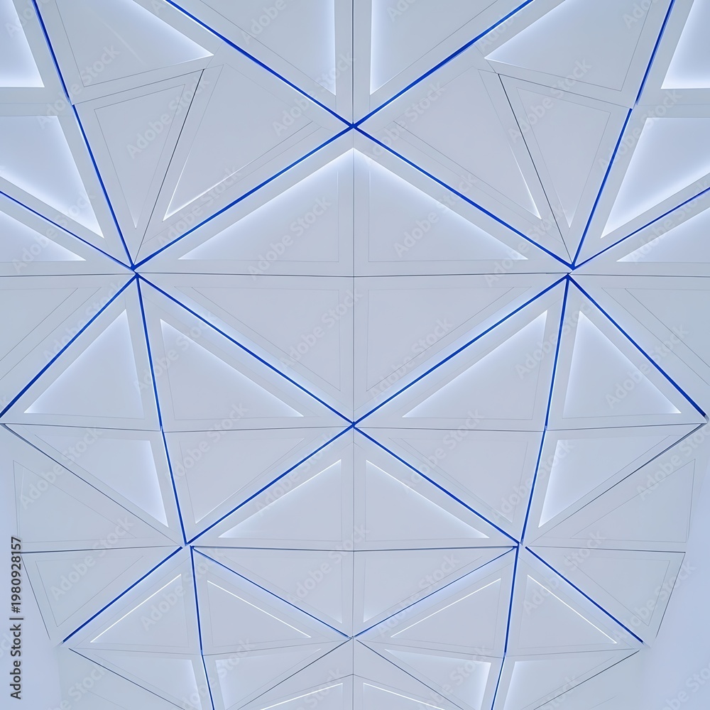 Fototapeta premium Abstract white ceiling with luminous triangles and blue lines.