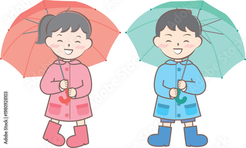 雨の日の合羽姿の子供たち　梅雨　傘