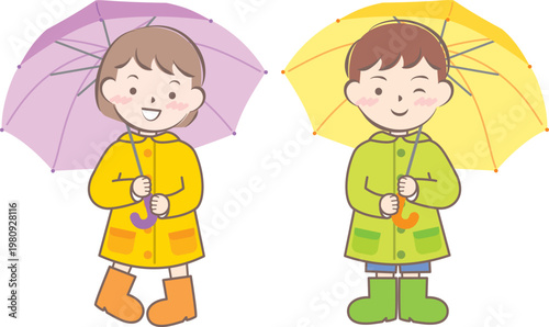 雨の日の合羽姿の子供たち　梅雨　傘