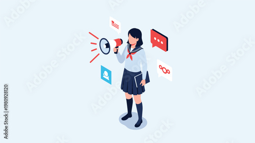 Schoolgirl in a Japanese sailor uniform shouting through a megaphone with social media icons in the background.