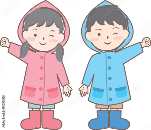 雨の日の合羽姿の子供たち　梅雨