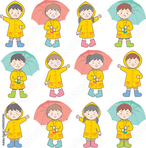 雨の日の合羽姿の子供たち　梅雨　傘