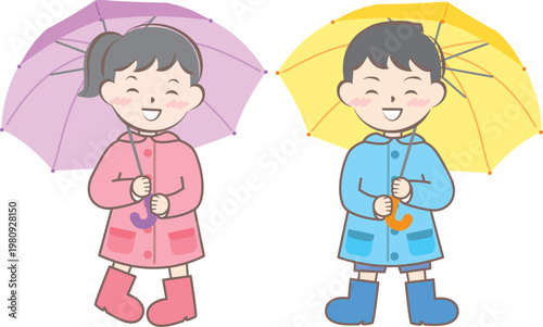 雨の日の合羽姿の子供たち　梅雨　傘