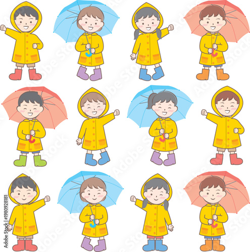雨の日の合羽姿の子供たち　梅雨　傘