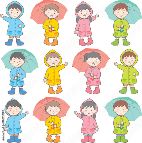 雨の日の合羽姿の子供たち　梅雨　傘