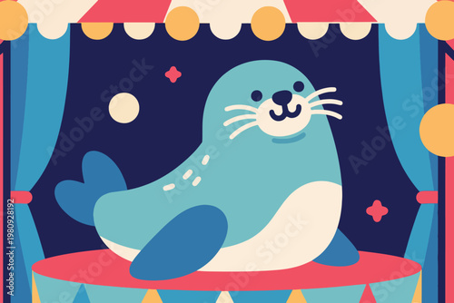 Cartoon seal performing on circus stage with colorful platform, tent canopy, and playful background, vector illustration.