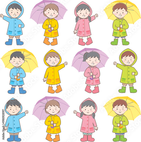 雨の日の合羽姿の子供たち　梅雨　傘