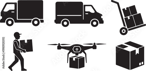 Logistics and Delivery Icons in Black and White Color