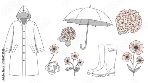 Selection of rainy day essentials including a yellow raincoat, umbrella, rain boots, and beautiful hydrangea flowers.