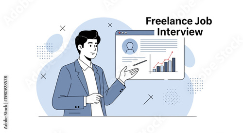 Freelance Job Interview: Man presenting online job interview with graph analytics