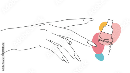 Artistic illustration of a feminine hand with long manicured nails reaching for a bottle of pink nail polish.