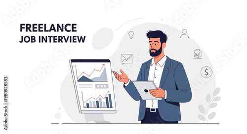 Freelance Job Interview: Man Presenting Business Growth Charts on Tablet